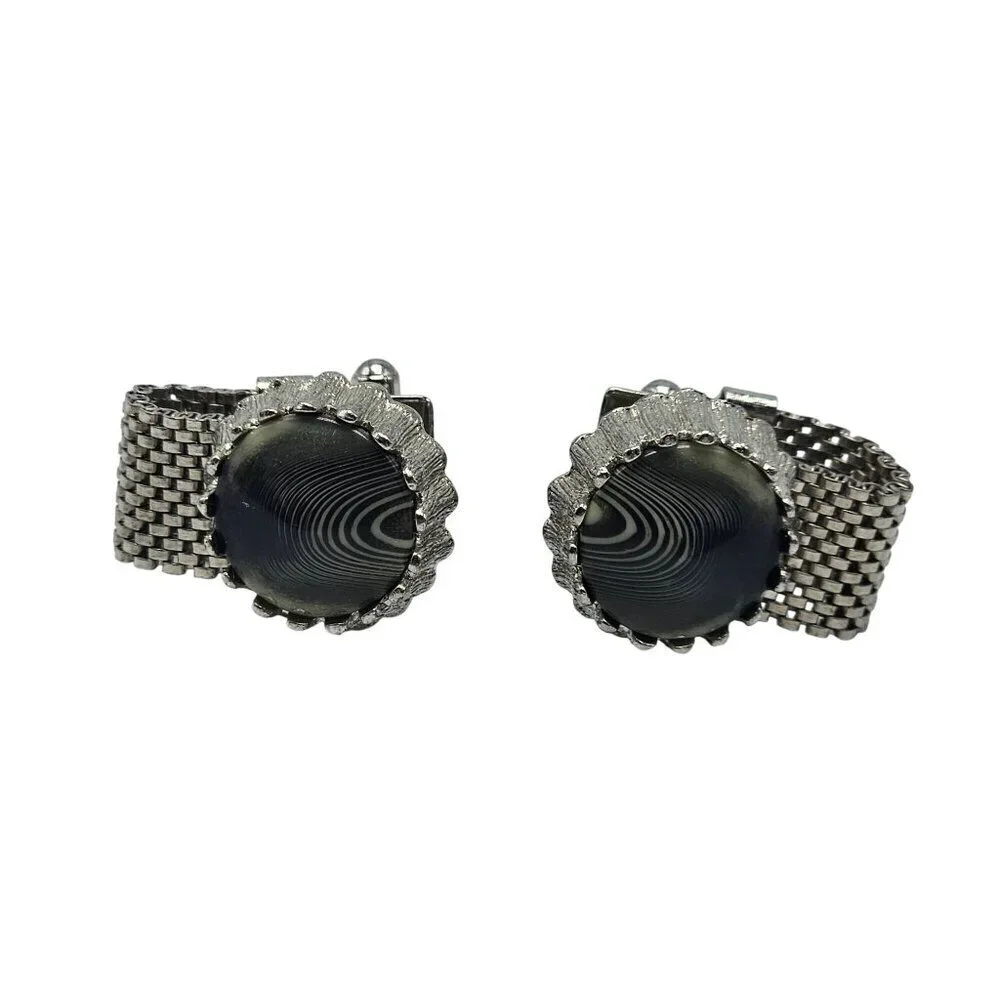 Vintage Mens Silver Mesh Cufflinks With Hypnotic Swirl Design